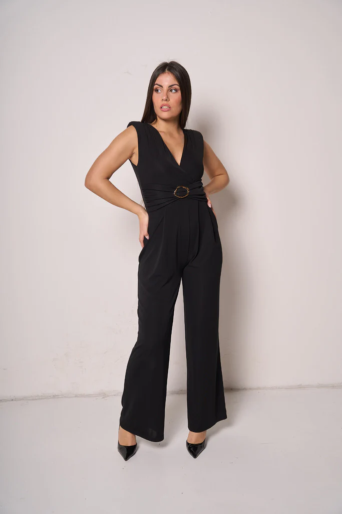 Tuta lunga donna con scollo a V e cintura decorativa - immagine 3