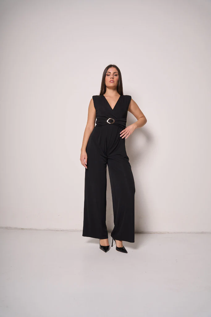 Tuta lunga donna con scollo a V e cintura decorativa - immagine 2