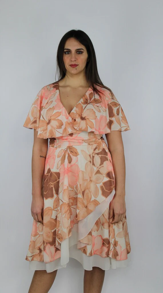 Abito midi floreale in chiffon con balza e scollo a V - immagine 2