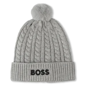 BERRETTO GRIGIO CON POMPON CON LOGO NERO HUGO BOSS