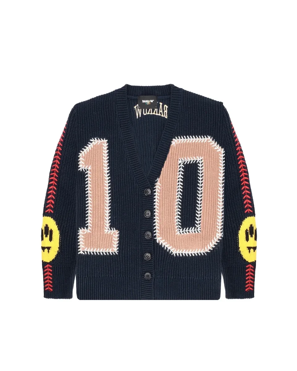 CARDIGAN SCOLLO A V BLU CON LOGO BEIGE BARROW - immagine 2