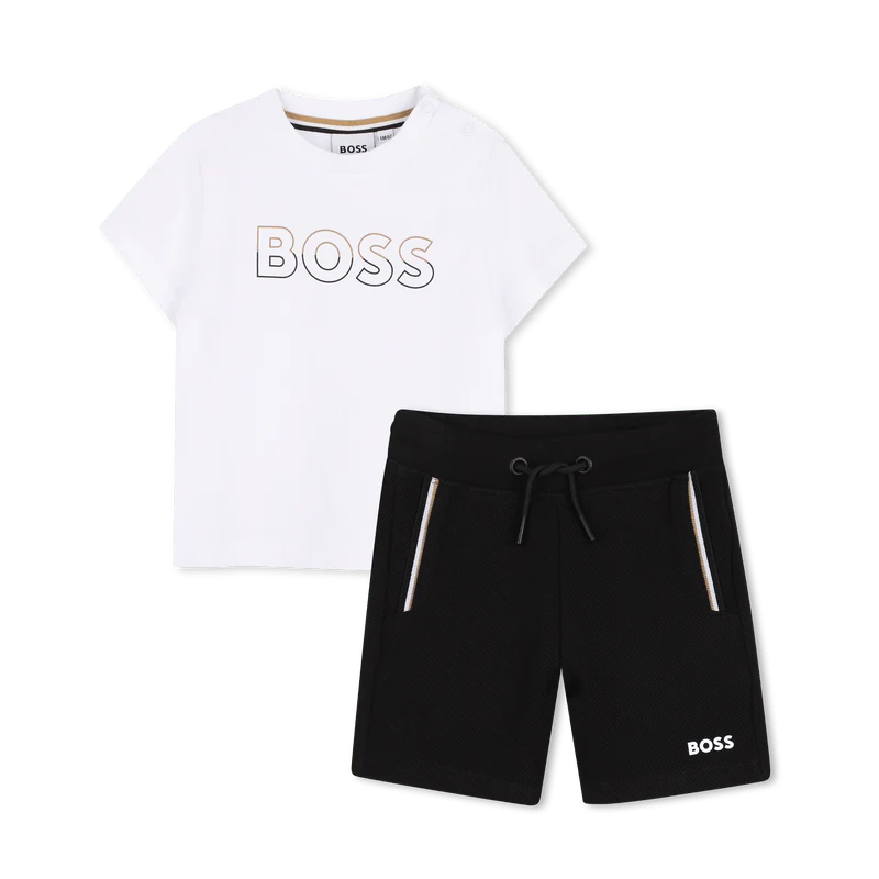 COMPLETO T-SHIRT BIANCA + BERMUDA NERO CON LOGO BEIGE-NERO BOSS - immagine 2