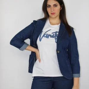 Blazer in denim blu con maniche risvoltate