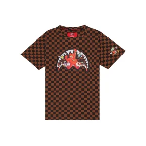 T-SHIRT SPRAYGROUND A SCACCHI MARRONI CON ORSO ROSSO