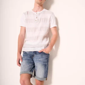 T-shirt henley a righe tono su tono in cotone leggero