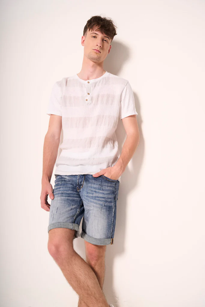 T-shirt henley a righe tono su tono in cotone leggero